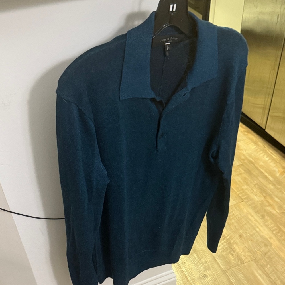Rag & Bone Men's Teal long sleeve 37 xtra fine merino, 34 linen 29 c Polo Shirt - Picture 2 of 4
